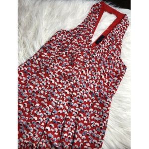 Eclair Red Blue Floral V Neck Pleated Dress M